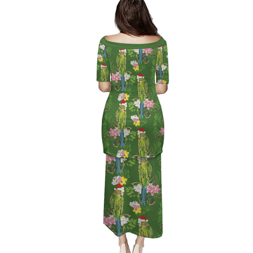 Aussie Santa Budgie Christmas Family Matching Puletasi and Hawaiian Shirt Green Parakeet Tropical Floral