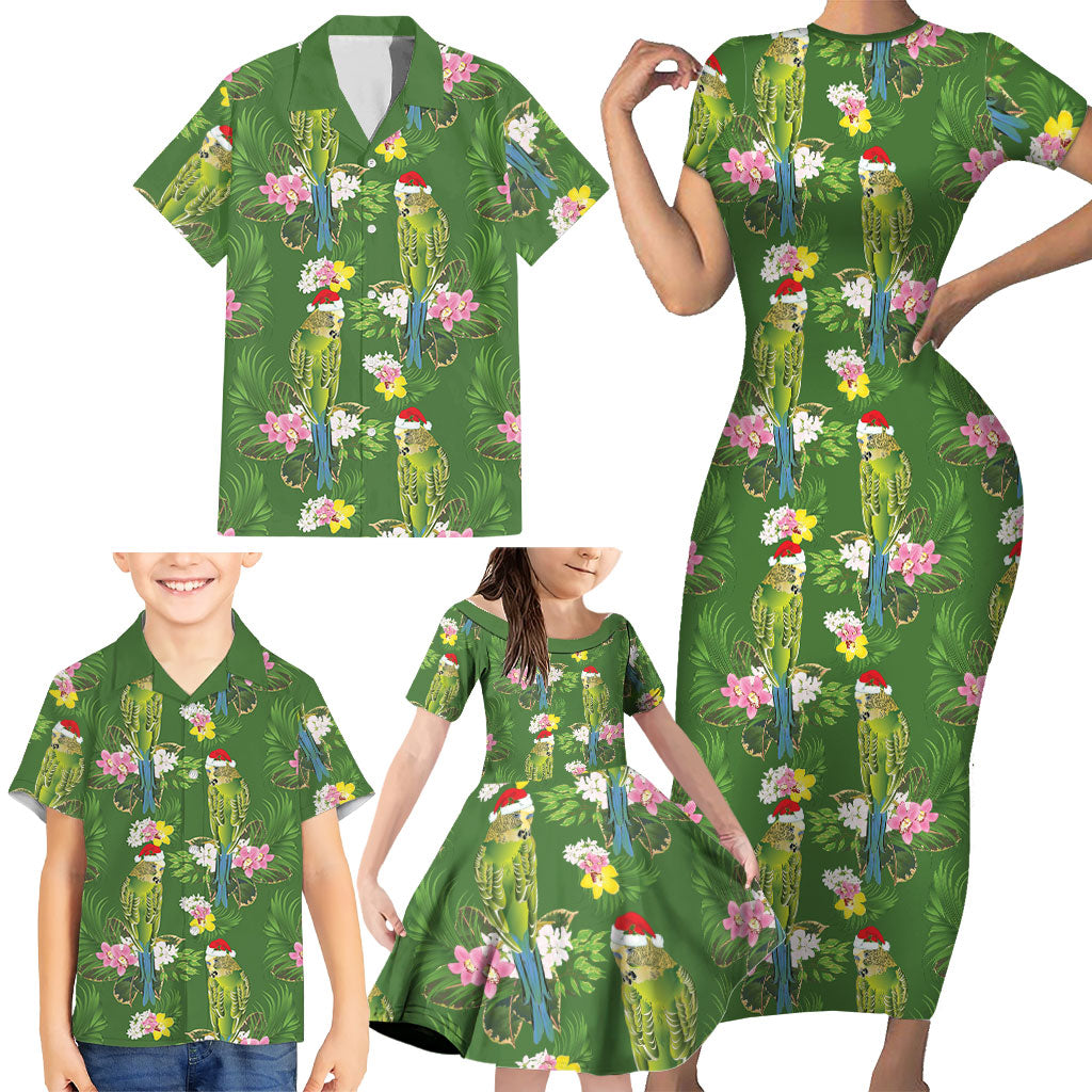 Aussie Santa Budgie Christmas Family Matching Short Sleeve Bodycon Dress and Hawaiian Shirt Green Parakeet Tropical Floral