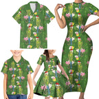 Aussie Santa Budgie Christmas Family Matching Short Sleeve Bodycon Dress and Hawaiian Shirt Green Parakeet Tropical Floral