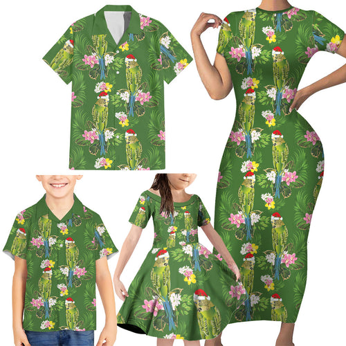 Aussie Santa Budgie Christmas Family Matching Short Sleeve Bodycon Dress and Hawaiian Shirt Green Parakeet Tropical Floral