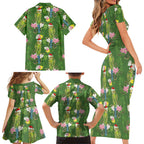 Aussie Santa Budgie Christmas Family Matching Short Sleeve Bodycon Dress and Hawaiian Shirt Green Parakeet Tropical Floral