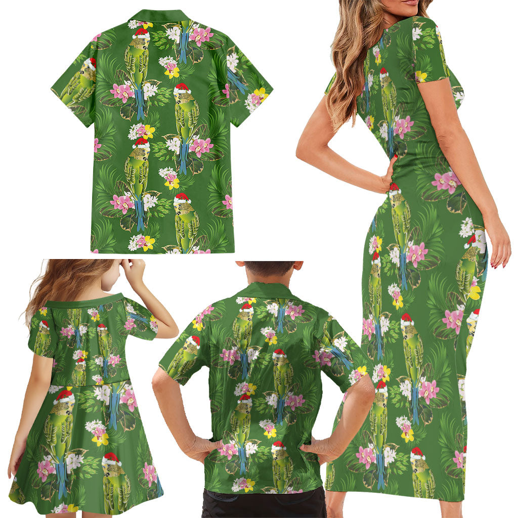 Aussie Santa Budgie Christmas Family Matching Short Sleeve Bodycon Dress and Hawaiian Shirt Green Parakeet Tropical Floral