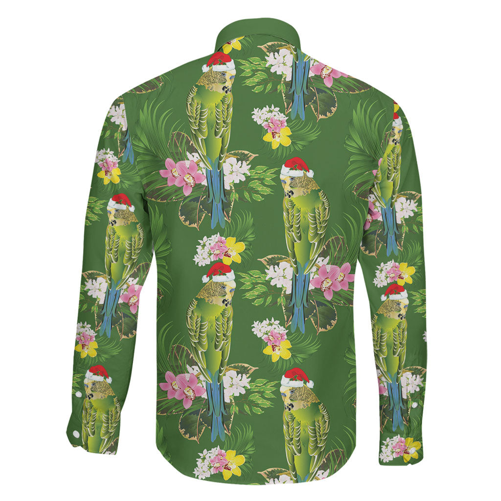 Aussie Santa Budgie Christmas Family Matching Short Sleeve Bodycon Dress and Hawaiian Shirt Green Parakeet Tropical Floral