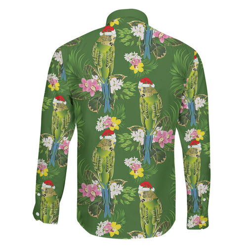 Aussie Santa Budgie Christmas Family Matching Short Sleeve Bodycon Dress and Hawaiian Shirt Green Parakeet Tropical Floral