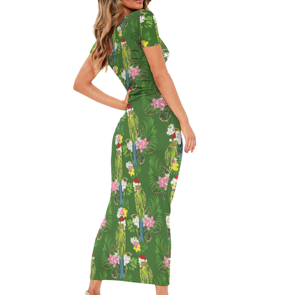 Aussie Santa Budgie Christmas Family Matching Short Sleeve Bodycon Dress and Hawaiian Shirt Green Parakeet Tropical Floral