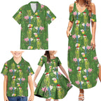 Aussie Santa Budgie Christmas Family Matching Summer Maxi Dress and Hawaiian Shirt Green Parakeet Tropical Floral