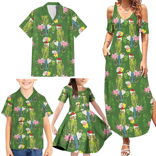 Aussie Santa Budgie Christmas Family Matching Summer Maxi Dress and Hawaiian Shirt Green Parakeet Tropical Floral