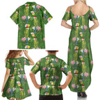Aussie Santa Budgie Christmas Family Matching Summer Maxi Dress and Hawaiian Shirt Green Parakeet Tropical Floral