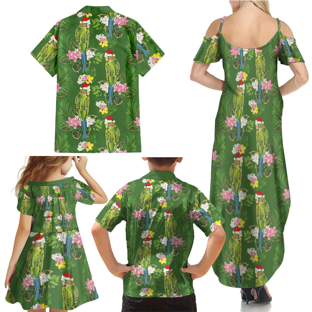 Aussie Santa Budgie Christmas Family Matching Summer Maxi Dress and Hawaiian Shirt Green Parakeet Tropical Floral