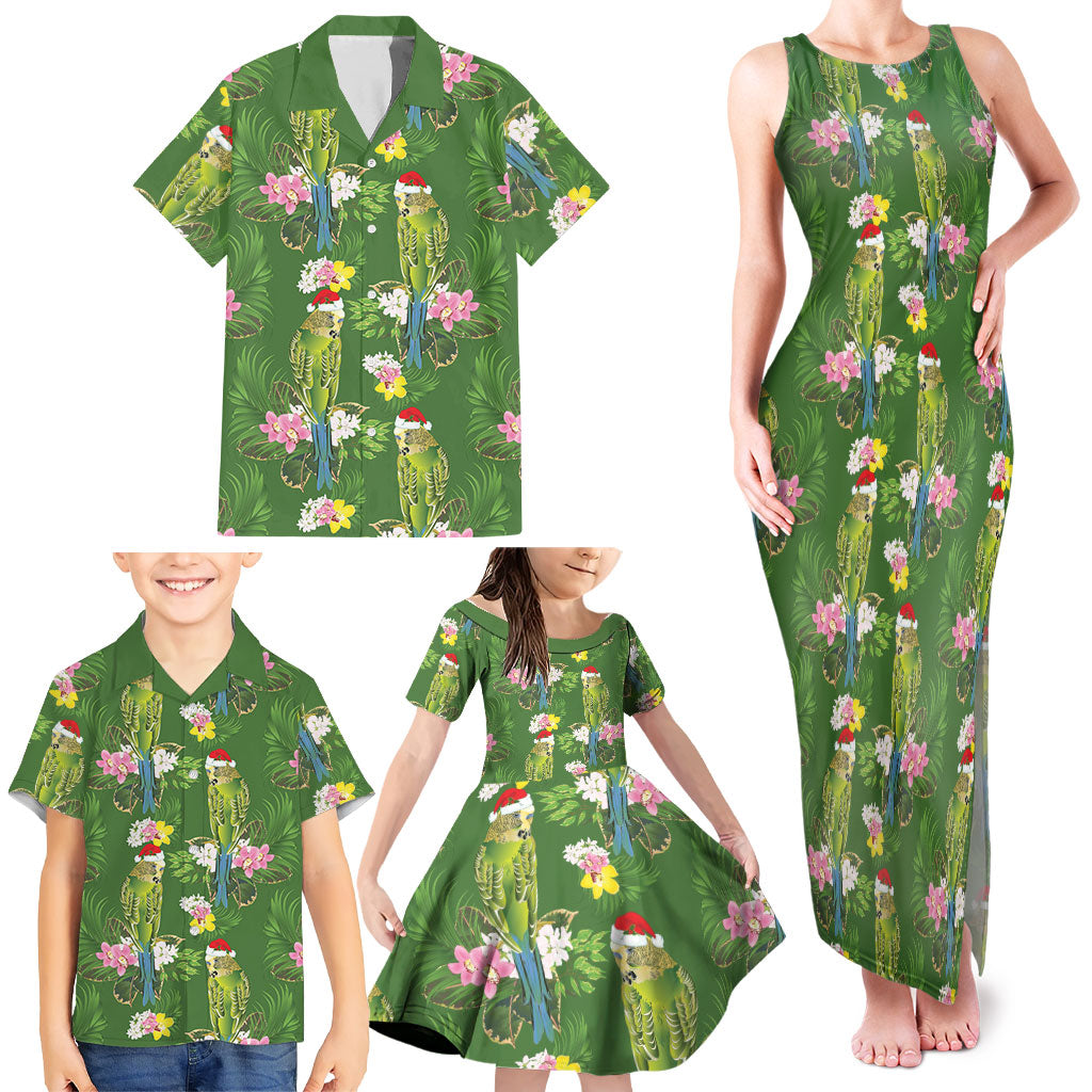 Aussie Santa Budgie Christmas Family Matching Tank Maxi Dress and Hawaiian Shirt Green Parakeet Tropical Floral