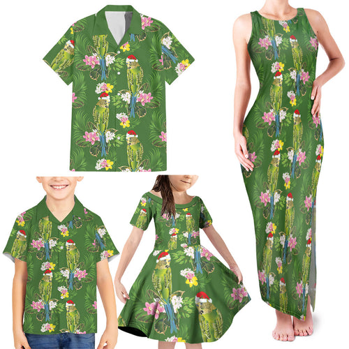 Aussie Santa Budgie Christmas Family Matching Tank Maxi Dress and Hawaiian Shirt Green Parakeet Tropical Floral