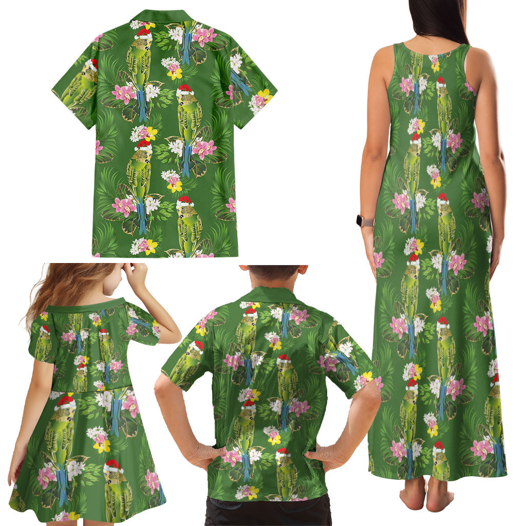 Aussie Santa Budgie Christmas Family Matching Tank Maxi Dress and Hawaiian Shirt Green Parakeet Tropical Floral