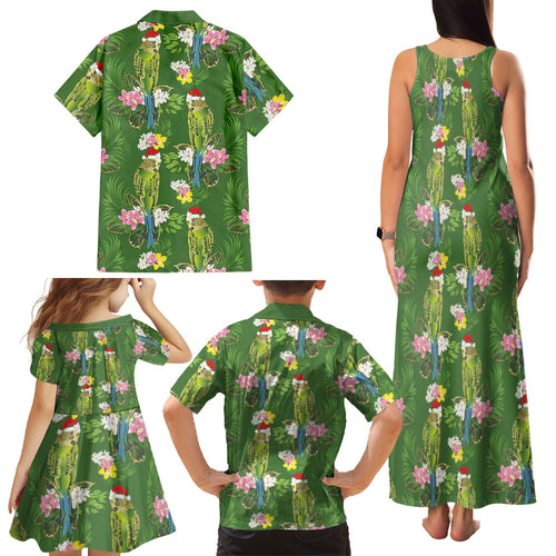 Aussie Santa Budgie Christmas Family Matching Tank Maxi Dress and Hawaiian Shirt Green Parakeet Tropical Floral