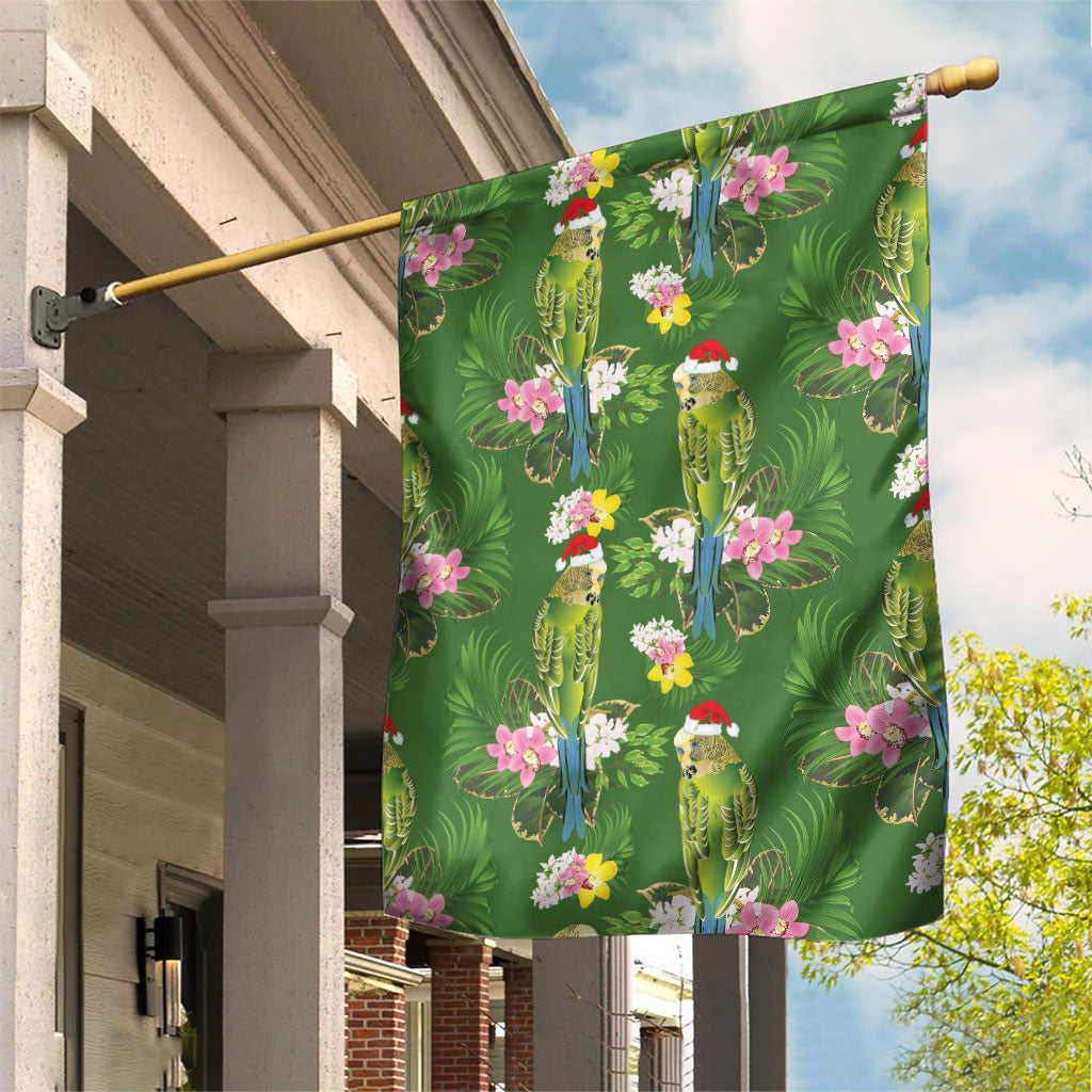 Aussie Santa Budgie Christmas Garden Flag Green Parakeet Tropical Floral
