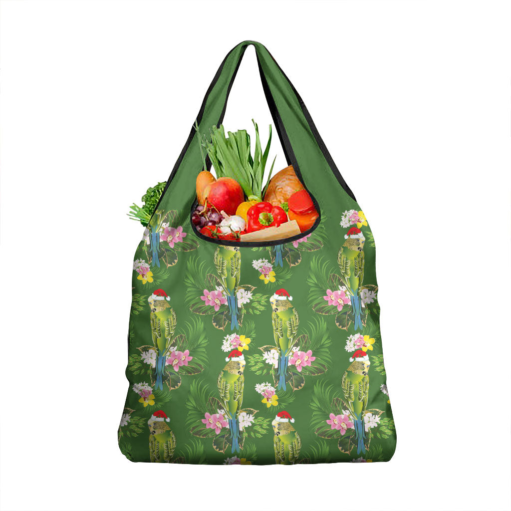 Aussie Santa Budgie Christmas Grocery Bag Green Parakeet Tropical Floral