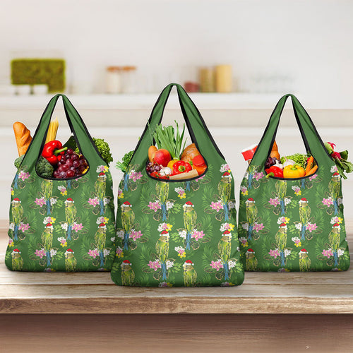 Aussie Santa Budgie Christmas Grocery Bag Green Parakeet Tropical Floral