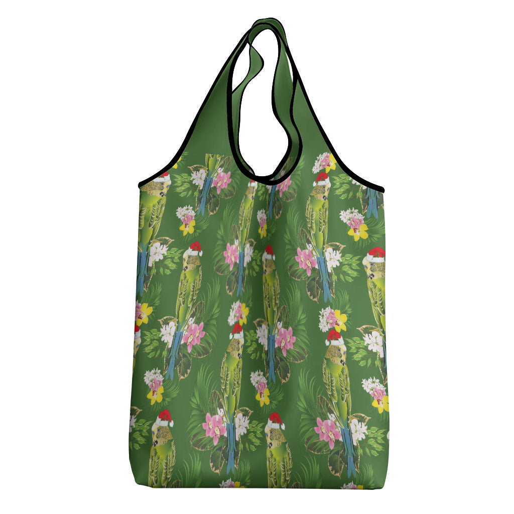 Aussie Santa Budgie Christmas Grocery Bag Green Parakeet Tropical Floral