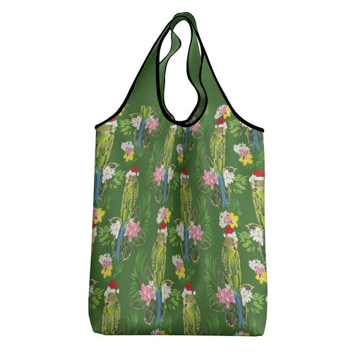Aussie Santa Budgie Christmas Grocery Bag Green Parakeet Tropical Floral