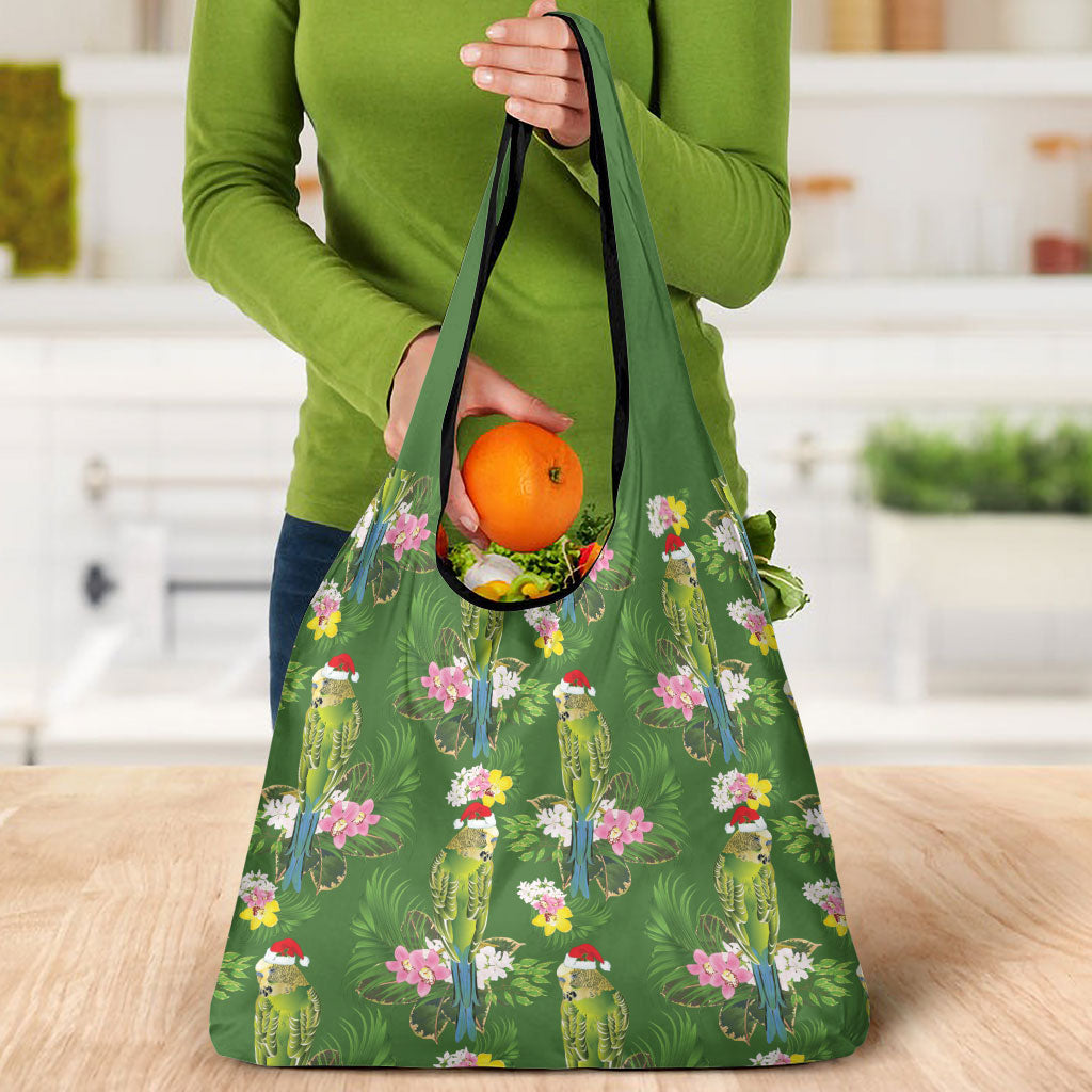 Aussie Santa Budgie Christmas Grocery Bag Green Parakeet Tropical Floral