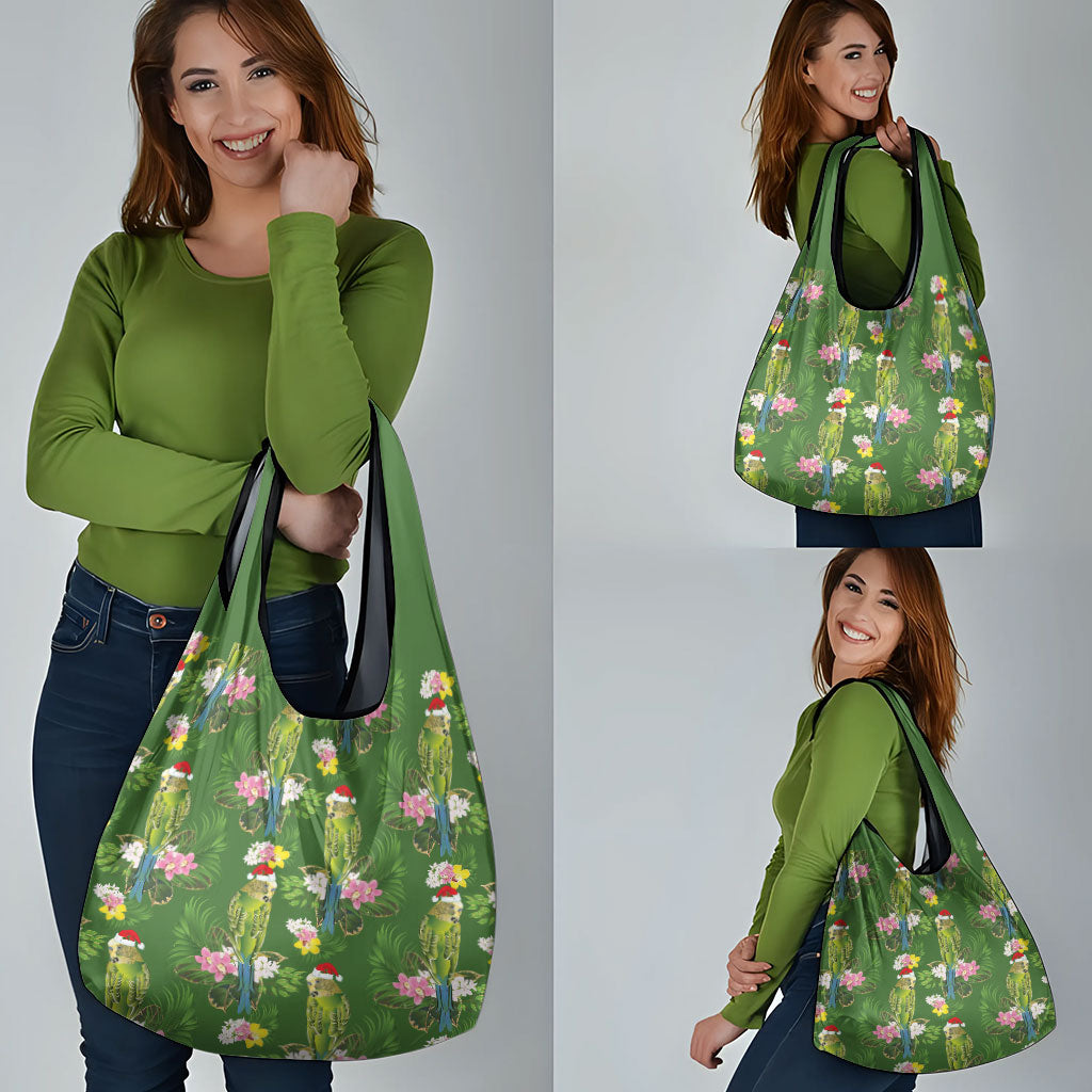 Aussie Santa Budgie Christmas Grocery Bag Green Parakeet Tropical Floral