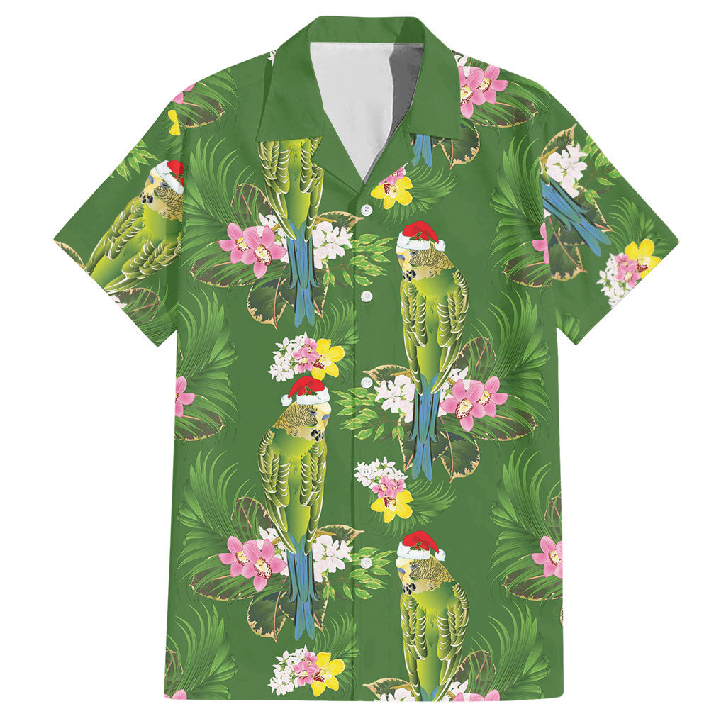 Aussie Santa Budgie Christmas Hawaiian Shirt Green Parakeet Tropical Floral