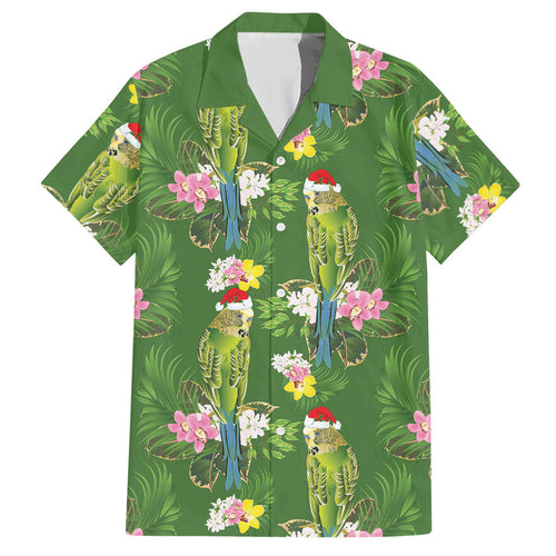 Aussie Santa Budgie Christmas Hawaiian Shirt Green Parakeet Tropical Floral