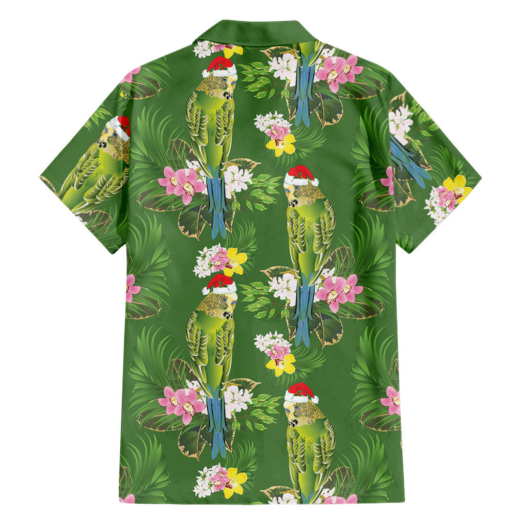 Aussie Santa Budgie Christmas Hawaiian Shirt Green Parakeet Tropical Floral