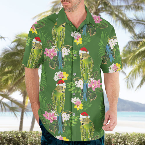 Aussie Santa Budgie Christmas Hawaiian Shirt Green Parakeet Tropical Floral