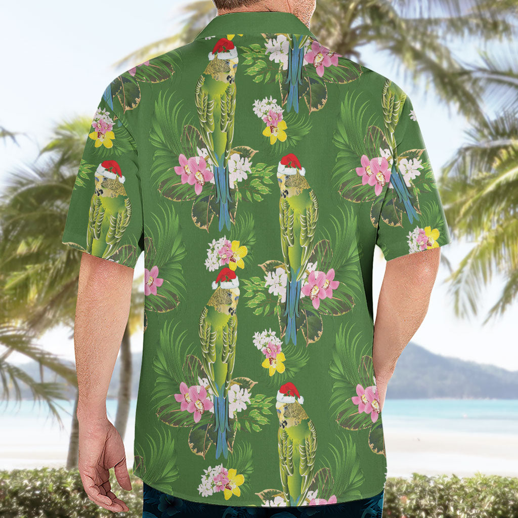 Aussie Santa Budgie Christmas Hawaiian Shirt Green Parakeet Tropical Floral