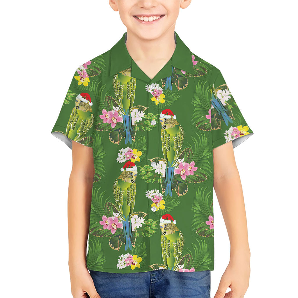 Aussie Santa Budgie Christmas Hawaiian Shirt Green Parakeet Tropical Floral