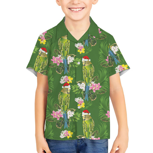 Aussie Santa Budgie Christmas Hawaiian Shirt Green Parakeet Tropical Floral