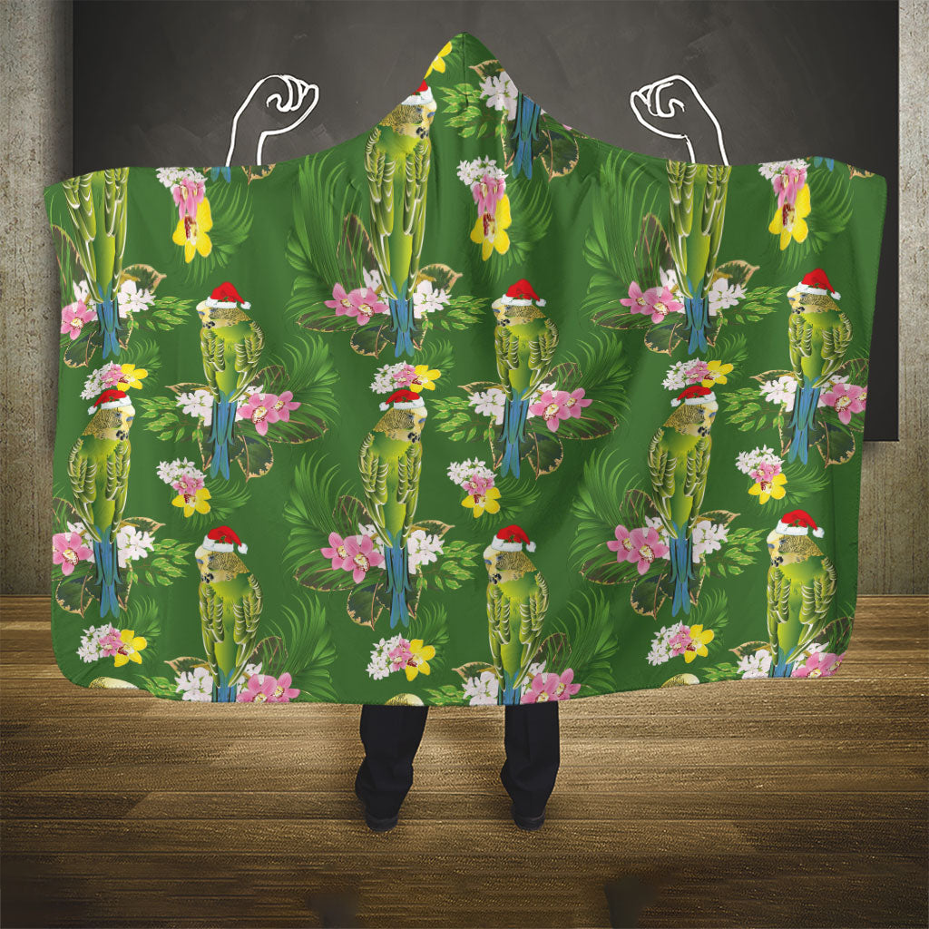 Aussie Santa Budgie Christmas Hooded Blanket Green Parakeet Tropical Floral