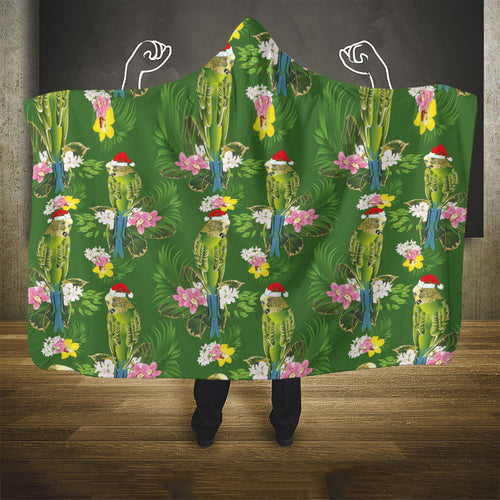 Aussie Santa Budgie Christmas Hooded Blanket Green Parakeet Tropical Floral