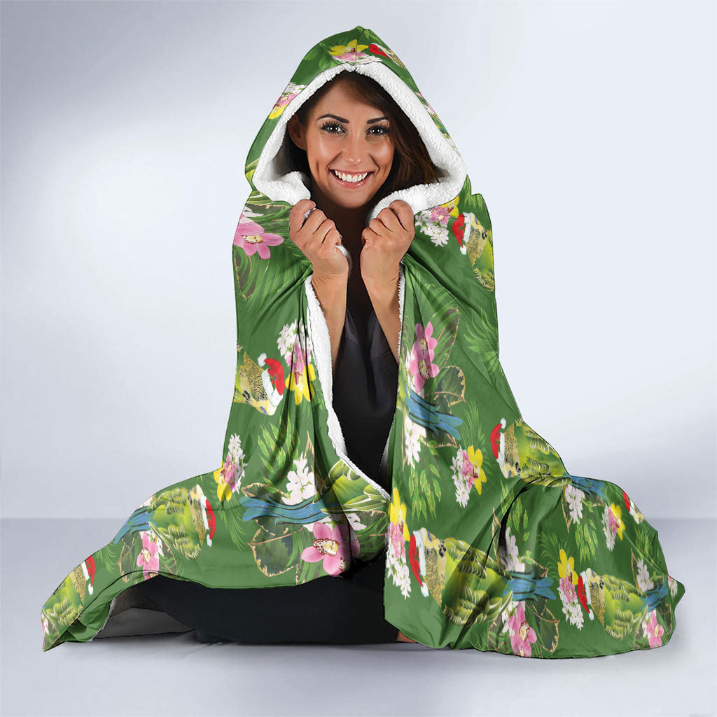 Aussie Santa Budgie Christmas Hooded Blanket Green Parakeet Tropical Floral