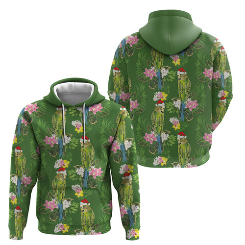 Aussie Santa Budgie Christmas Hoodie Green Parakeet Tropical Floral