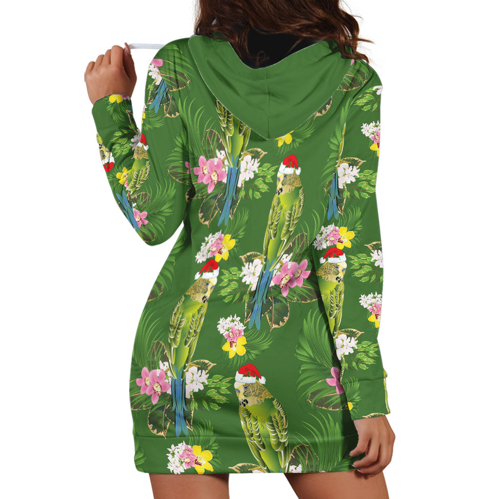 Aussie Santa Budgie Christmas Hoodie Dress Green Parakeet Tropical Floral