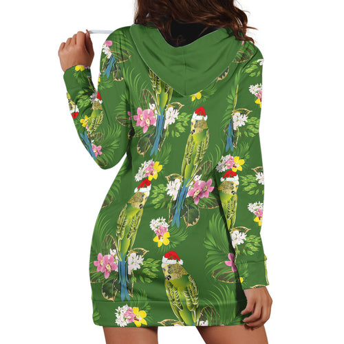 Aussie Santa Budgie Christmas Hoodie Dress Green Parakeet Tropical Floral