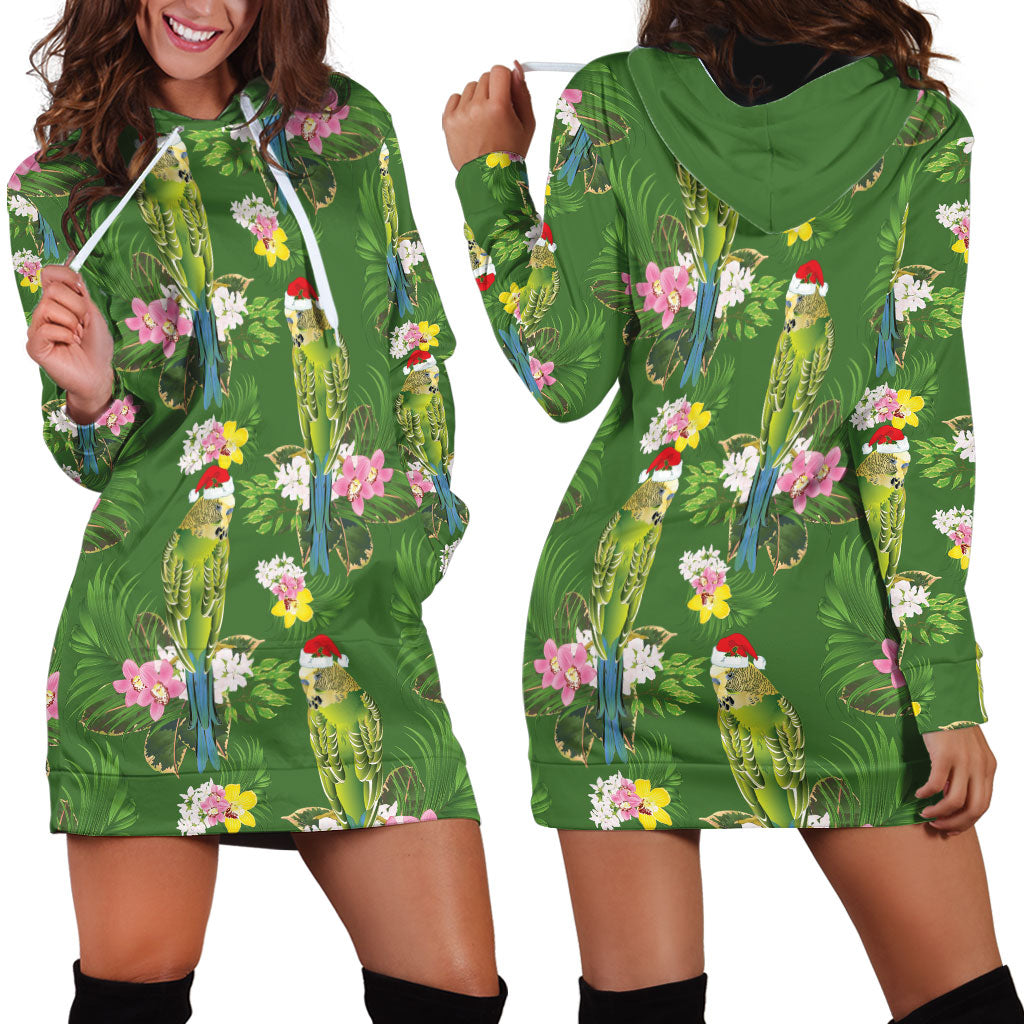 Aussie Santa Budgie Christmas Hoodie Dress Green Parakeet Tropical Floral