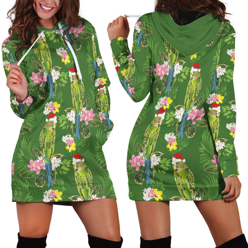 Aussie Santa Budgie Christmas Hoodie Dress Green Parakeet Tropical Floral