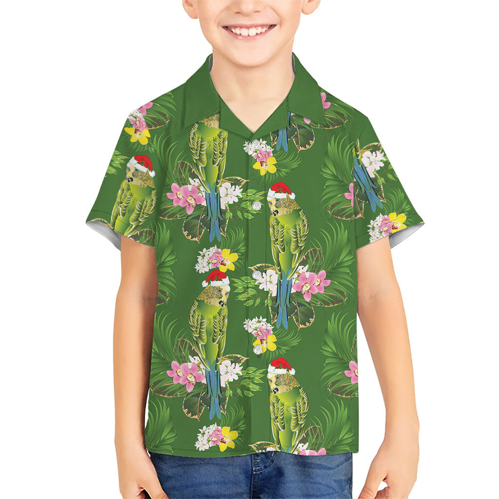 Aussie Santa Budgie Christmas Kid Hawaiian Shirt Green Parakeet Tropical Floral