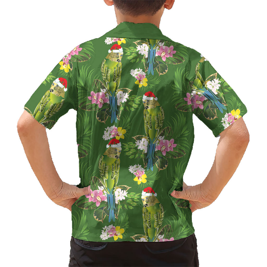 Aussie Santa Budgie Christmas Kid Hawaiian Shirt Green Parakeet Tropical Floral