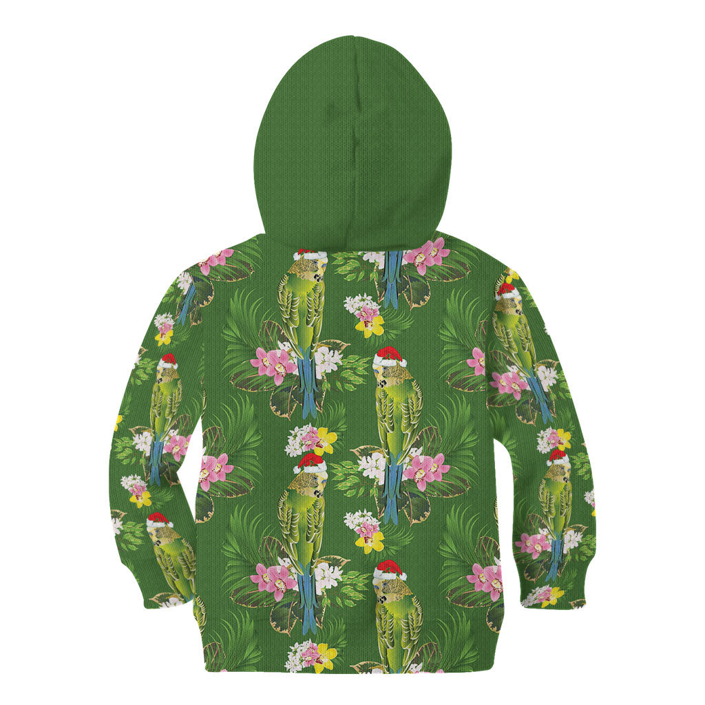 Aussie Santa Budgie Christmas Kid Hoodie Green Parakeet Tropical Floral