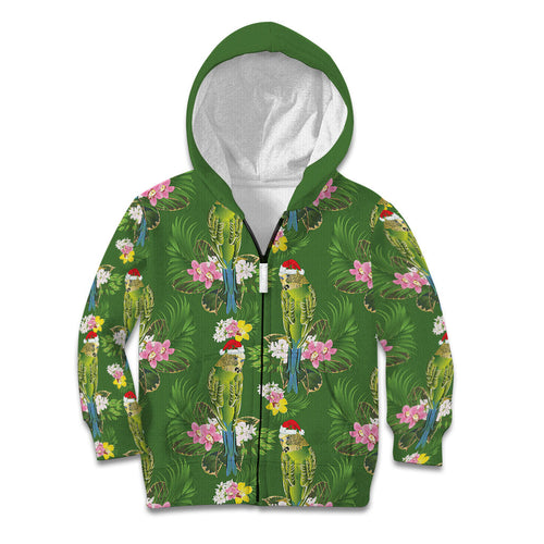Aussie Santa Budgie Christmas Kid Hoodie Green Parakeet Tropical Floral