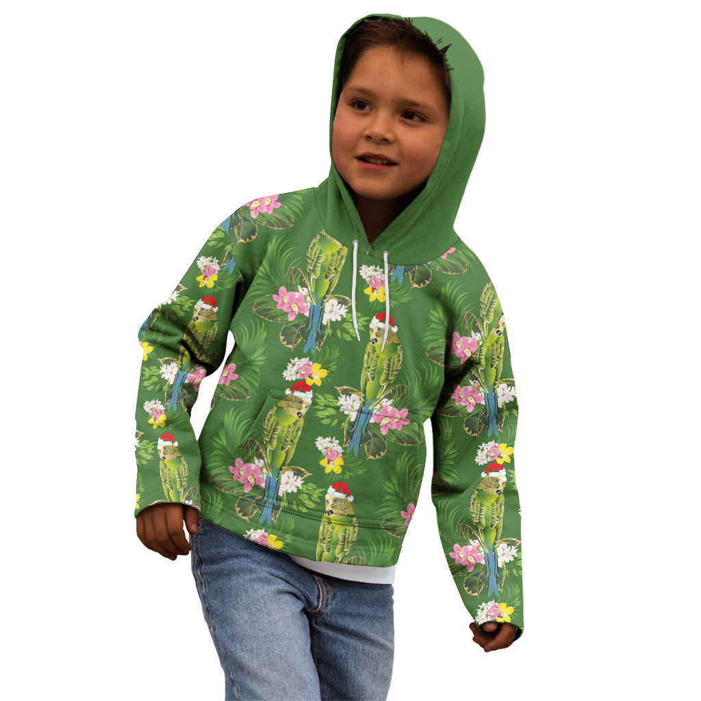 Aussie Santa Budgie Christmas Kid Hoodie Green Parakeet Tropical Floral