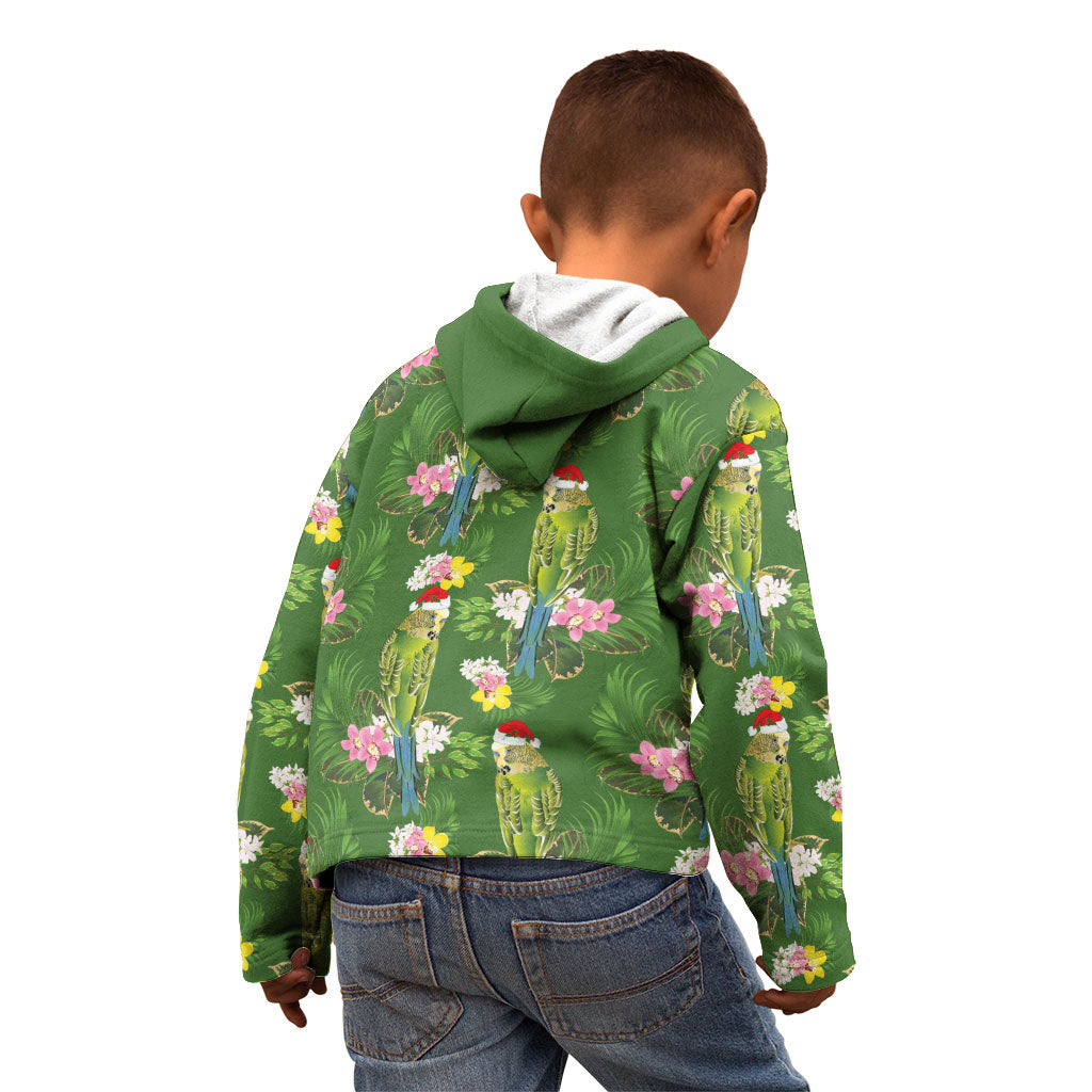 Aussie Santa Budgie Christmas Kid Hoodie Green Parakeet Tropical Floral