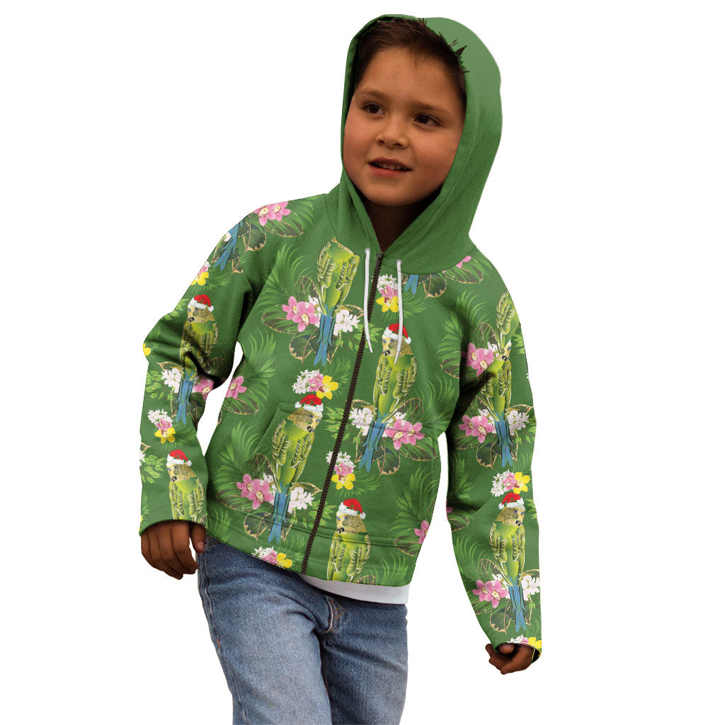 Aussie Santa Budgie Christmas Kid Hoodie Green Parakeet Tropical Floral