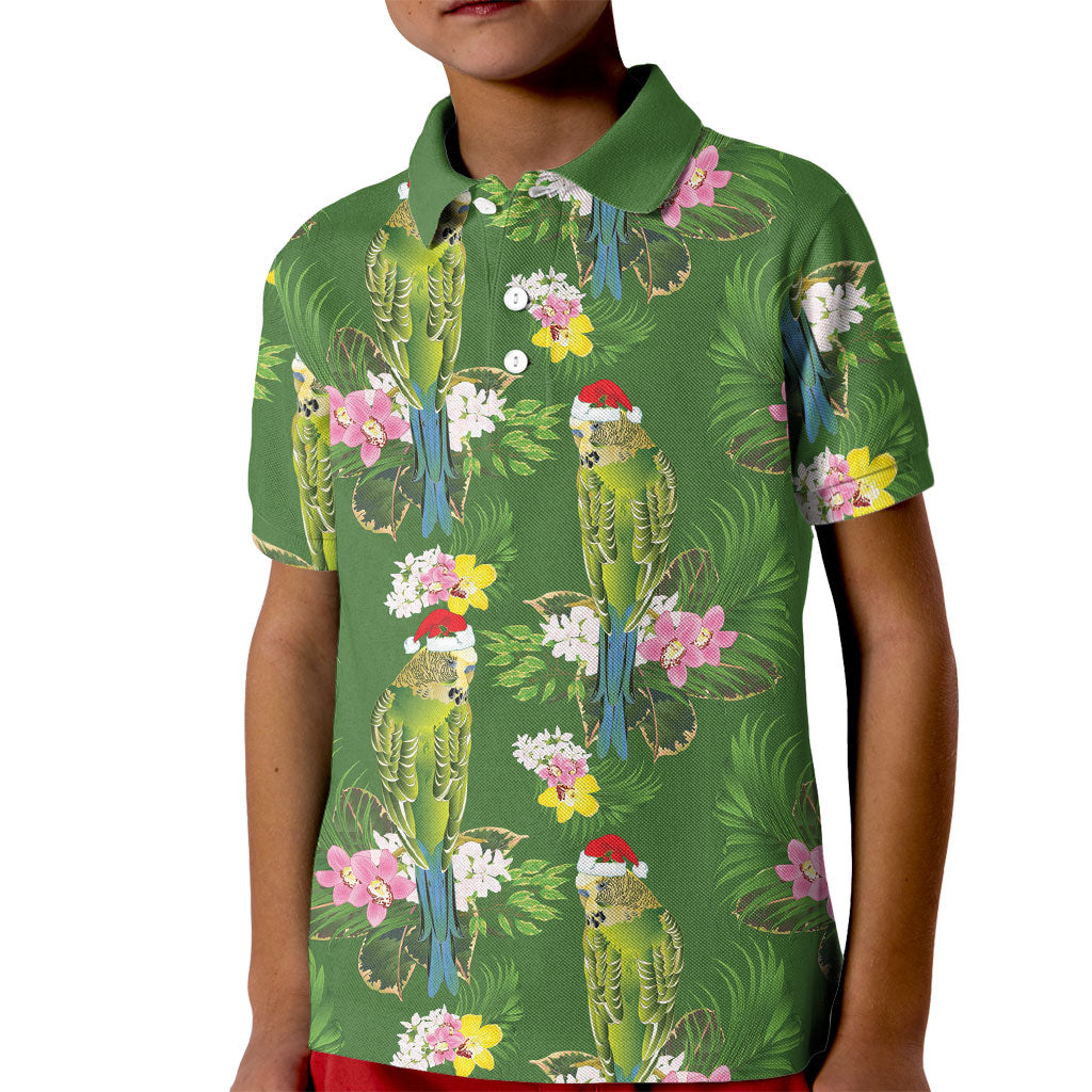 Aussie Santa Budgie Christmas Kid Polo Shirt Green Parakeet Tropical Floral