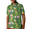 Aussie Santa Budgie Christmas Kid Polo Shirt Green Parakeet Tropical Floral