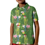 Aussie Santa Budgie Christmas Kid Polo Shirt Green Parakeet Tropical Floral