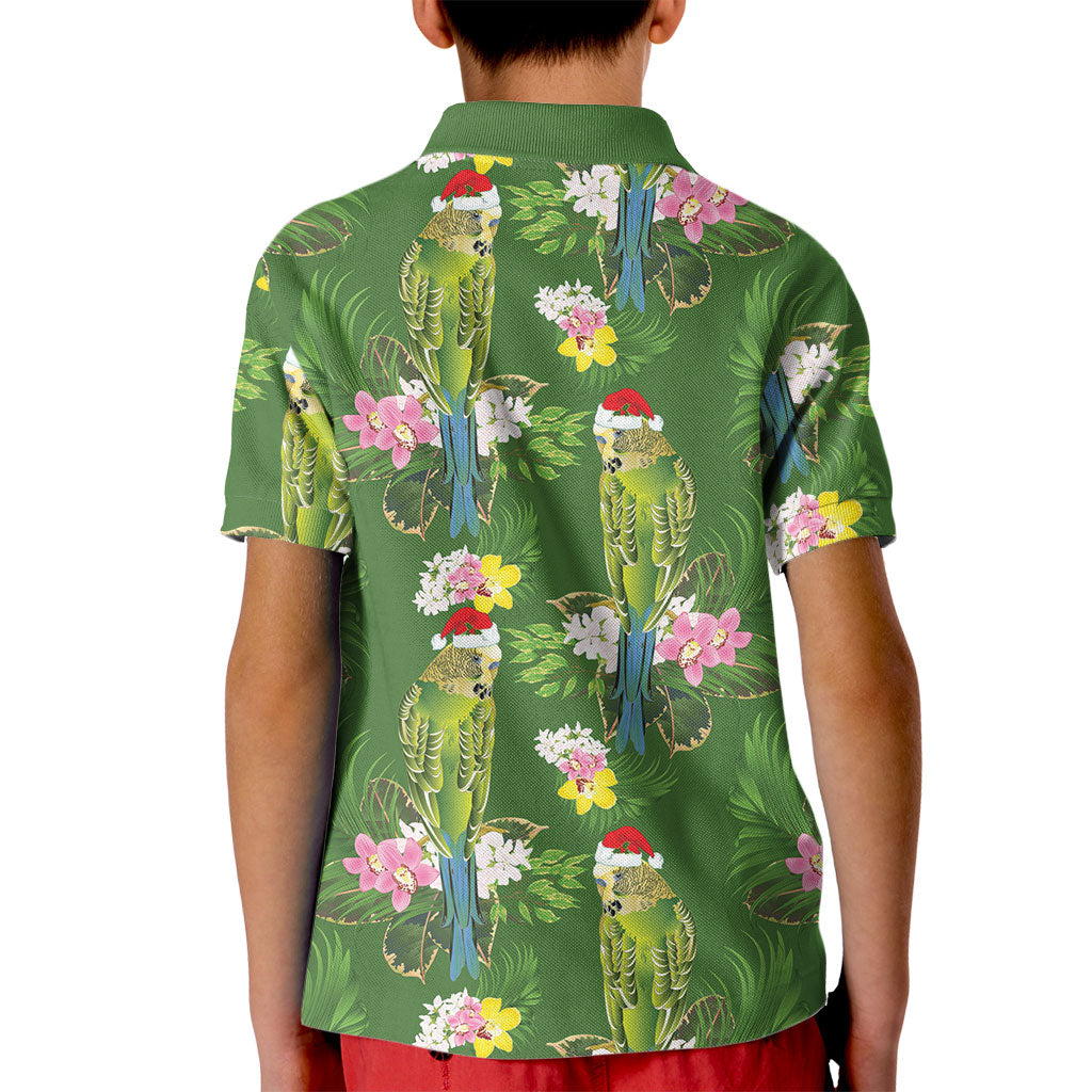 Aussie Santa Budgie Christmas Kid Polo Shirt Green Parakeet Tropical Floral